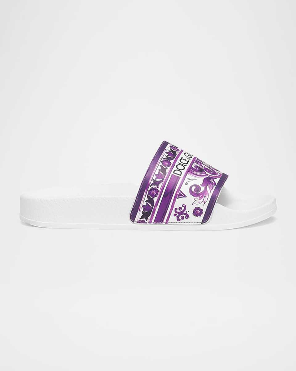 Girl's Majolica-Print Leather Slide Sandals, Toddler/Kids